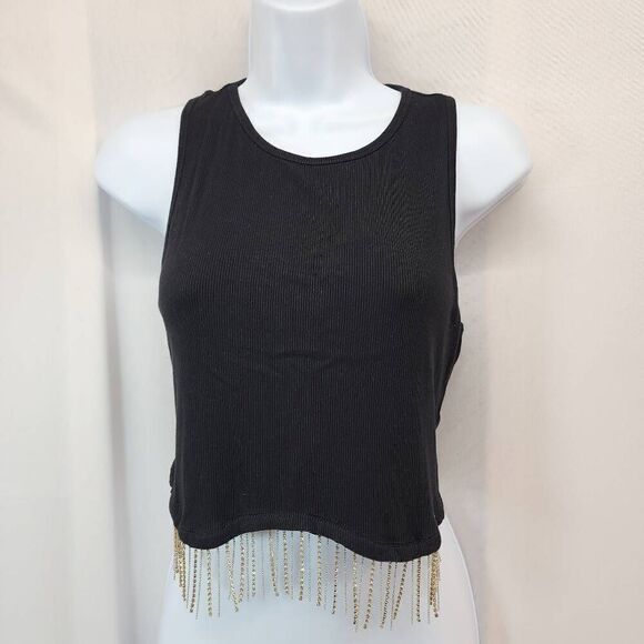 Womens Size Large Rhinestone Crop Top Sparkly Sleeveless Fringe Cropped Tank Top - Picture 1 of 9